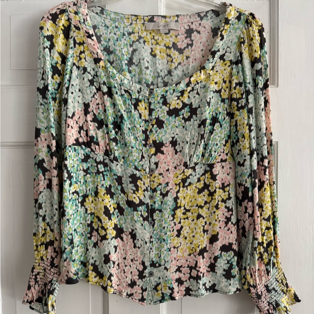 Loft Garden Smocked Cuff Floral Square Neck Blouse NWOT